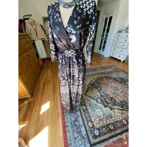 Lumina Italy Floral Geometric Patchwork Wrap Maxi Dress Brown Black Womens M